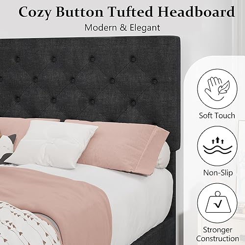 Miniatura 140 de BarnFurin Base de cama de tamaño matrimonial con cabecero, cama de plataforma tapizada con cabecera capitonada con botones ajustables, marco de cama