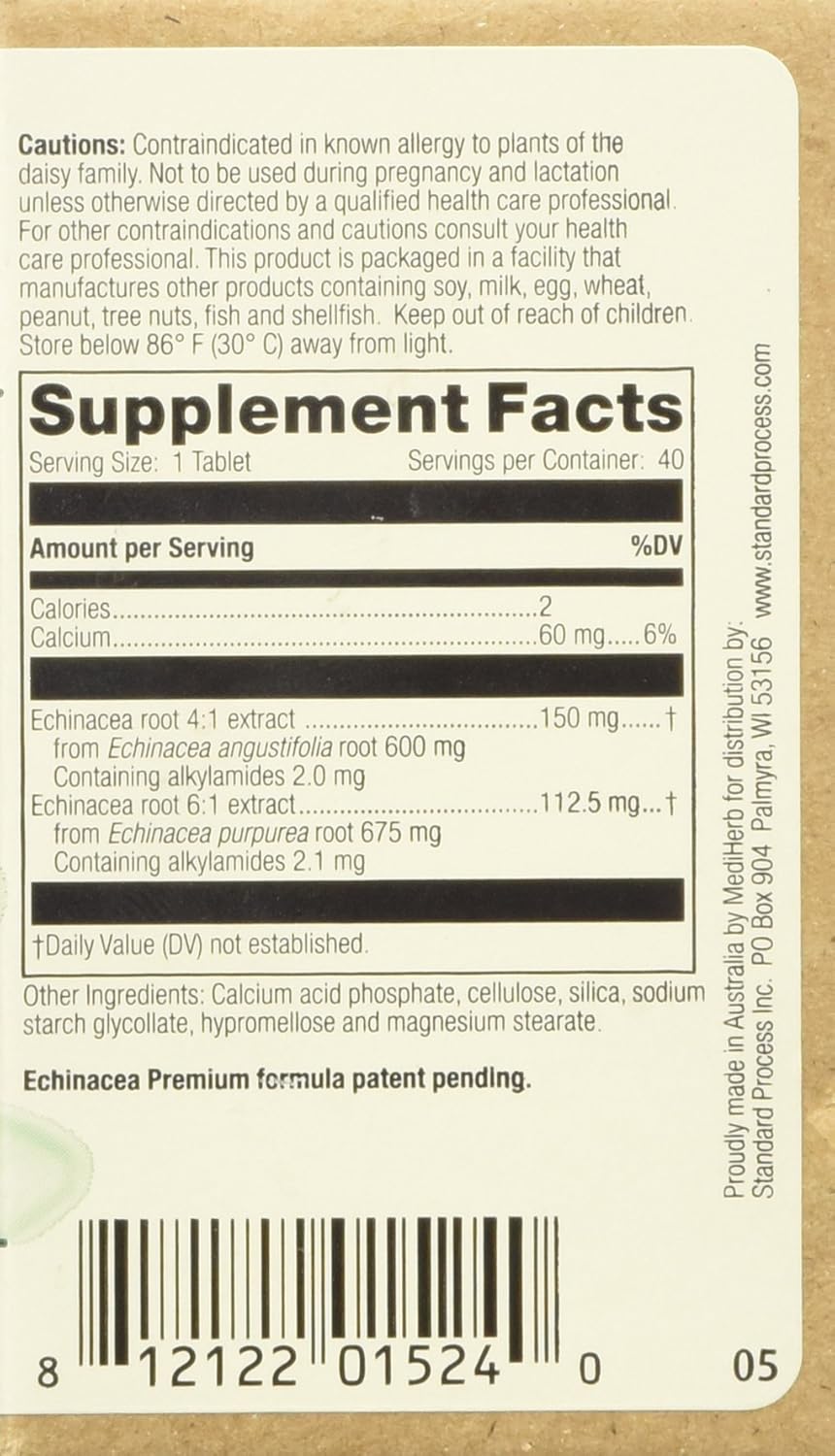 MEDIHERB echinacea premium standard process - Enhance Immune System Function - Support Healthy Immune System - Natural Ingredients - Organic Herbal Supplements - Made in the USA - 40 Tablets : Health & Household