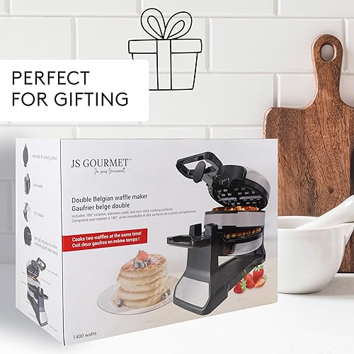 Miniatura 8 de Máquina de gofres belga doble de 1400 W con rotación de 180, bloqueo de mango seguro, indicador de luz roja, platos de cocina antiadherentes de 8