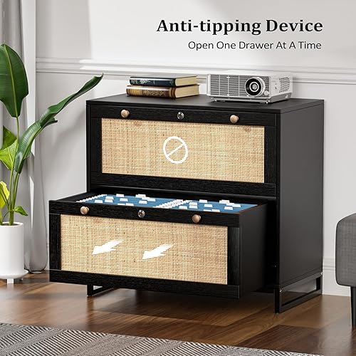 Miniatura 6 de VINGLI Archivador lateral de ratán negro con 2 cajones con cerradura, gabinetes de archivos con bloqueo de madera para oficina en casa, soporte de