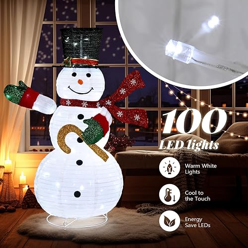 Miniatura 6 de Muñeco de nieve iluminado de 4 pies, muñeco de nieve iluminado con 100 luces LED, decoraciones navideñas para exteriores, patio, muñeco de nieve con