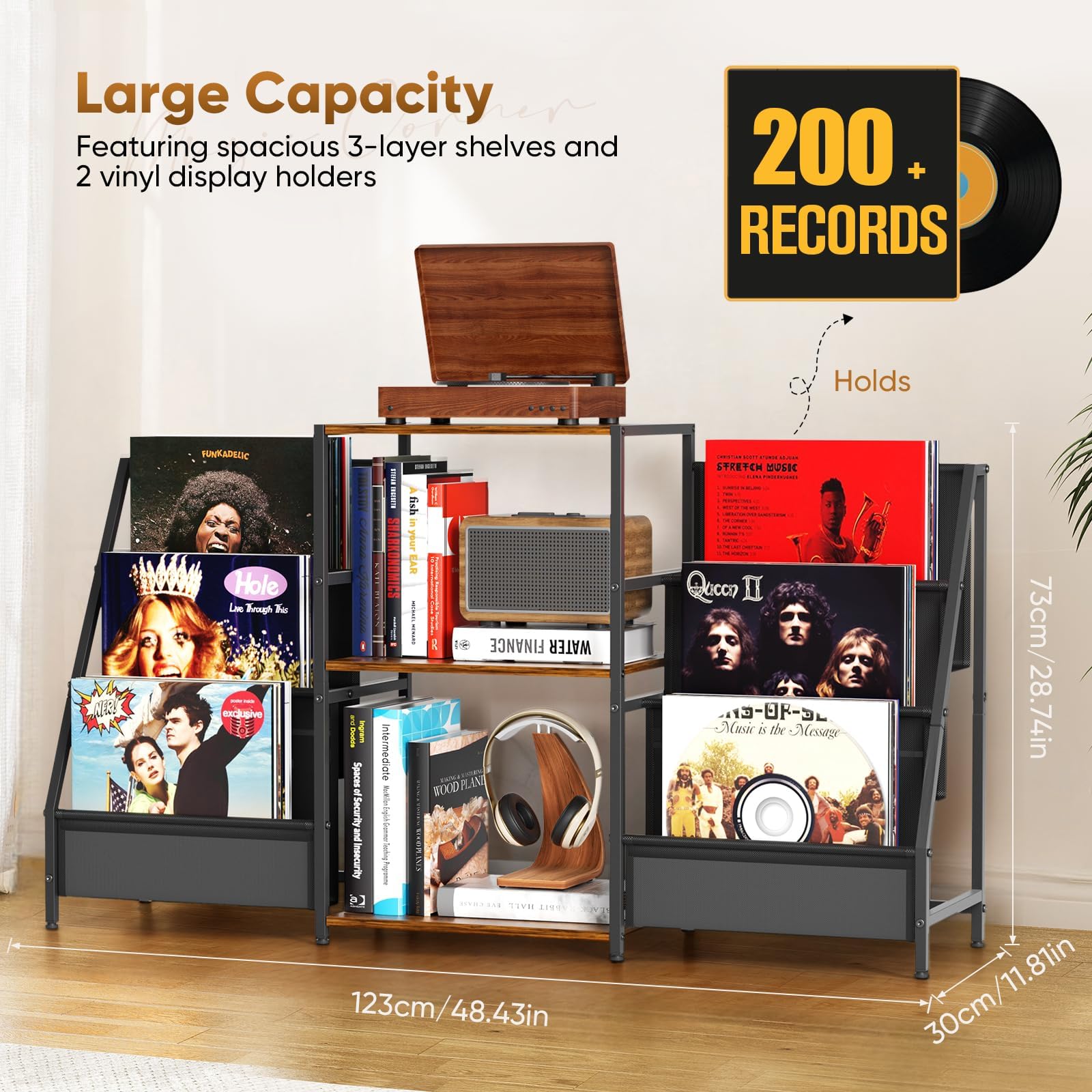 Supporto per giradischi, Tavolo a 3 livelli, Stoccaggio di dischi in vinile fino a 200 album, 123 * 30 * 73 cm, Supporto per giradischi per l'esposizione e l'archiviazione in soggiorno, camera