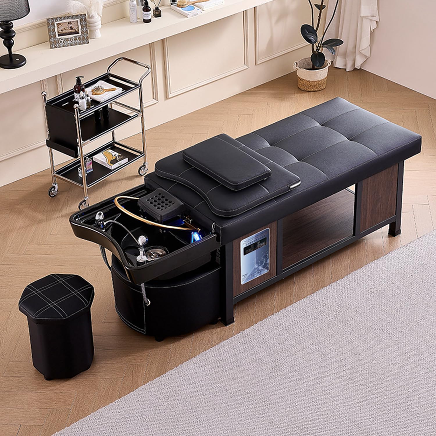 Professionelle Friseursalon-Waschliege, Kopfmassage-Ausstattung mit Begasung, Wasserzirkulationsmassage, komfortable Kopfstütze für Salon- und Kosmetikstudios, Schwarz