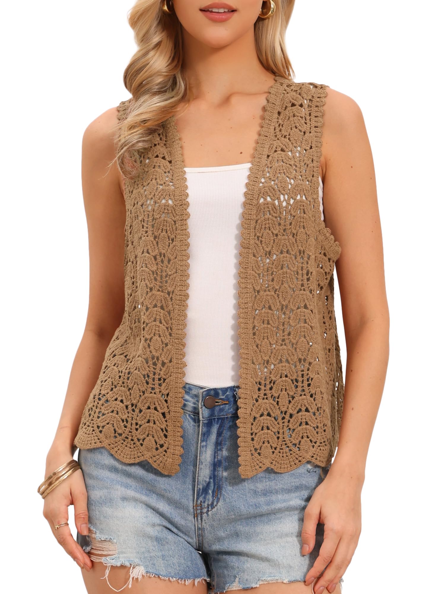 Allegra K Womens Floral Crochet Hollow Out Sleeveless Open Front Boho Vest Cardigan