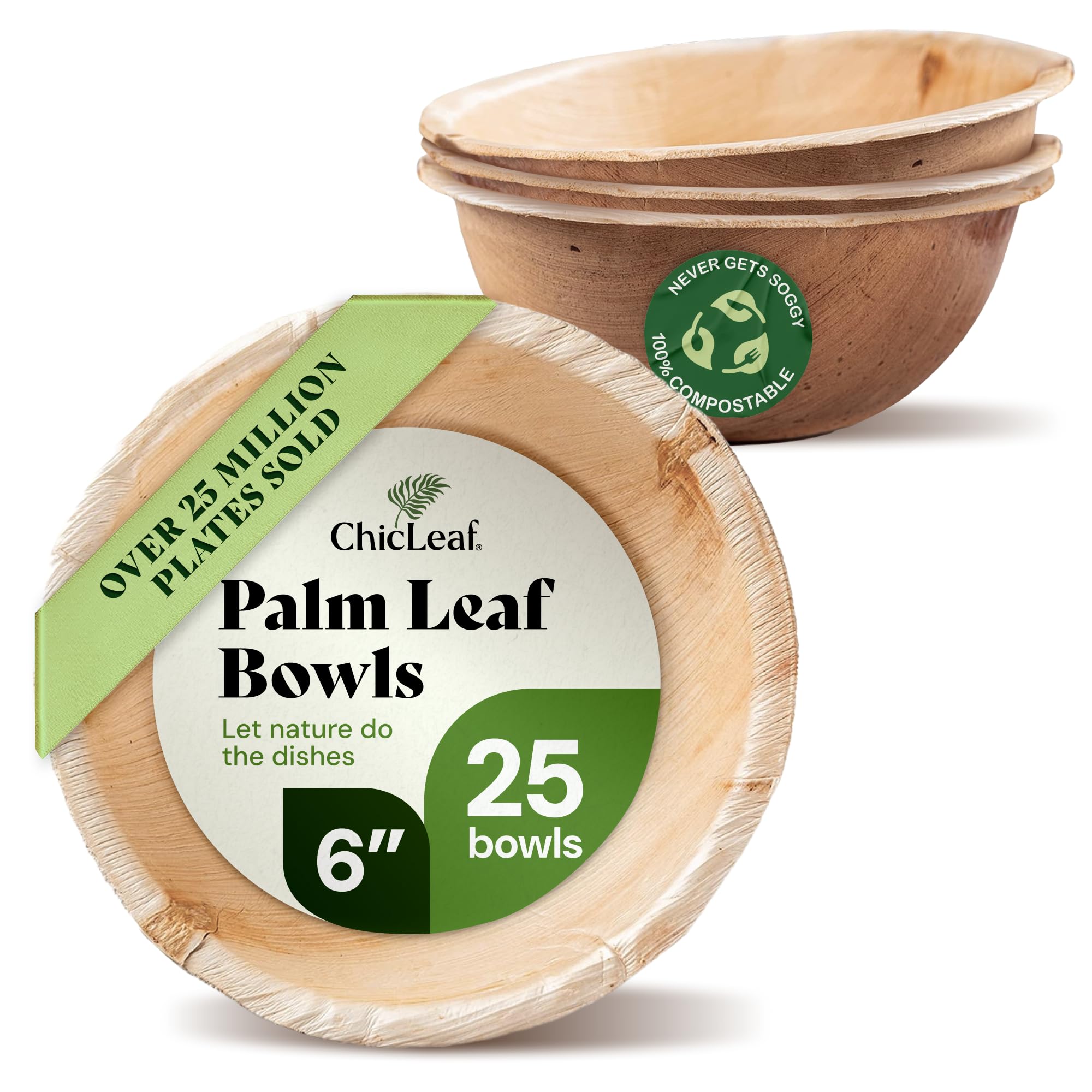 chic leaf palm leaf bowls - mini disposable bamboo bowls - small plates & dessert cups for party events - biodegradable & compostable party supplies (6'' round - 25 pack)