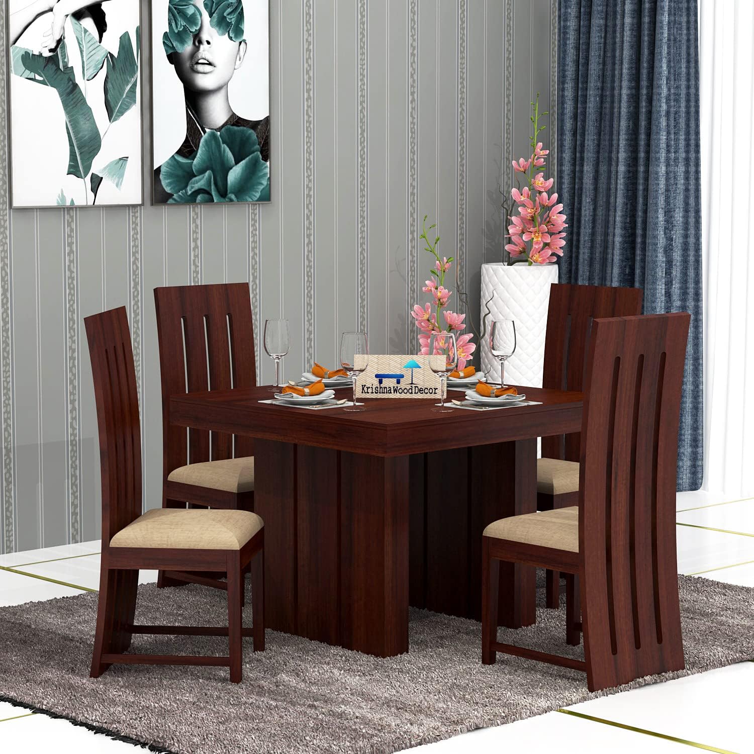Krishna Wood Decor Solid Sheesham Wood Dining Table 4 Seater with ...