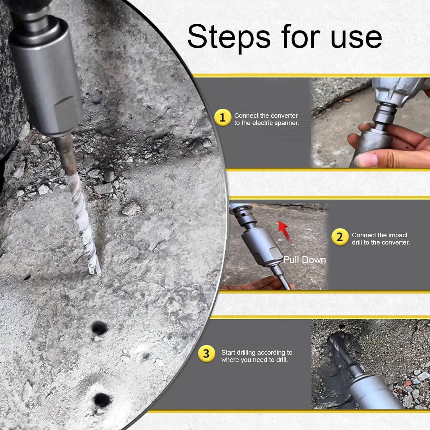Impact Wrench Converter, High Carbon Steel 2 Pits and 2 Grooves, Round Shank Impact Wrench to Electric Hammer Adapter, for Various Drill Types