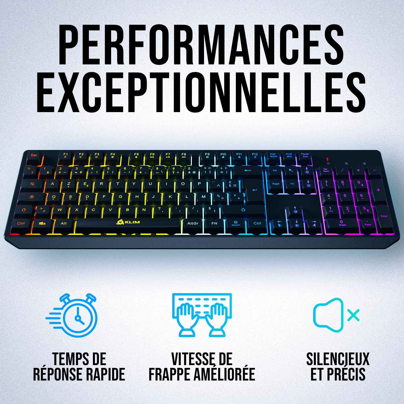 KLIM Chroma – Clavier sans Fil Gaming AZERTY FR, Rétroéclairage RGB, Silencieux & Ergonomique, Batterie Intégrée Longue Durée, Résistant aux Éclaboussures – USB 2,4 GHz pour PC/Mac/PS4/PS5 – Noir