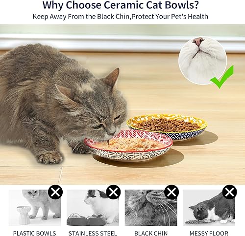 Miniatura 4 de Selamica Cuencos de cerámica para gatos, 6 pulgadas de ancho poco profundos para aliviar la fatiga de los bigotes, juego de 4, colores surtidos