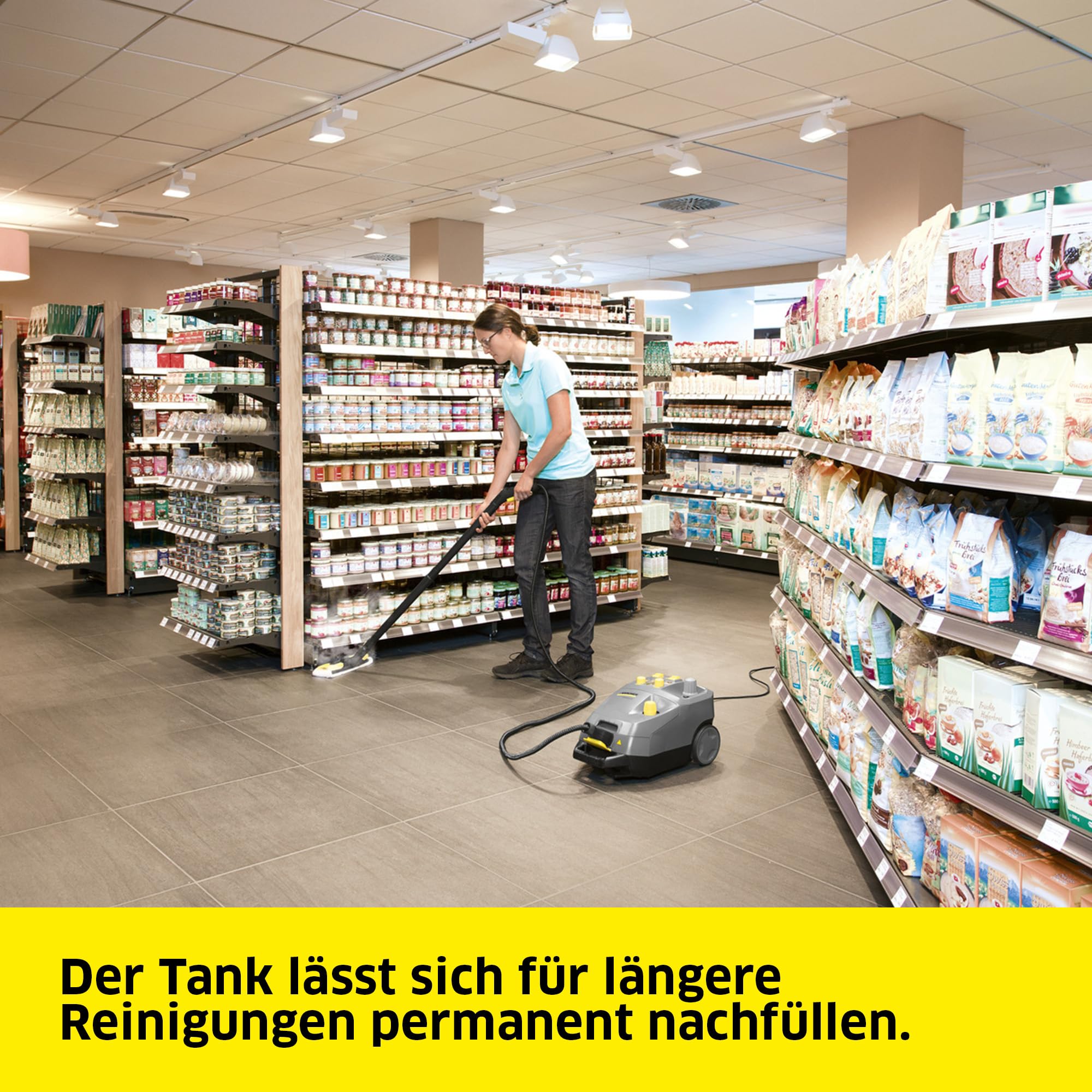 Kärcher Dampfreiniger SG 4/4, Dampfdruck: 4 bar, Tank: 2,4 l Kesselinhalt + 2,0 l Tank, Handdüse mit Bürste, 2 Dampfrohre, 2,0 m Dampfschlauch, 2 Bodendüsen, Frottee-Überzug, Aufsätze für Handdüse