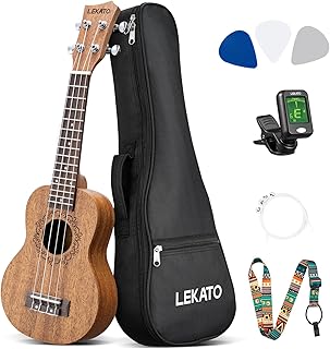 LEKATO Sopran Ukulele aus Sapeli 21 Zoll Anfänger-Set mit Gigbag/Stimmgerät/Gurt/Picks/Saiten - Hawaii 4-saitige Soprano-Ukulele für Anfänger Echtes Holz Uke Geschenk (Dunkelbraun, 21 Zoll)