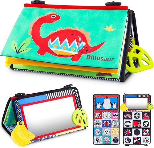 MachoHome Juguetes de espejo de suelo con libro de actividades y mordedor, juguete sensorial Montessori de alto contraste en blanco y negro