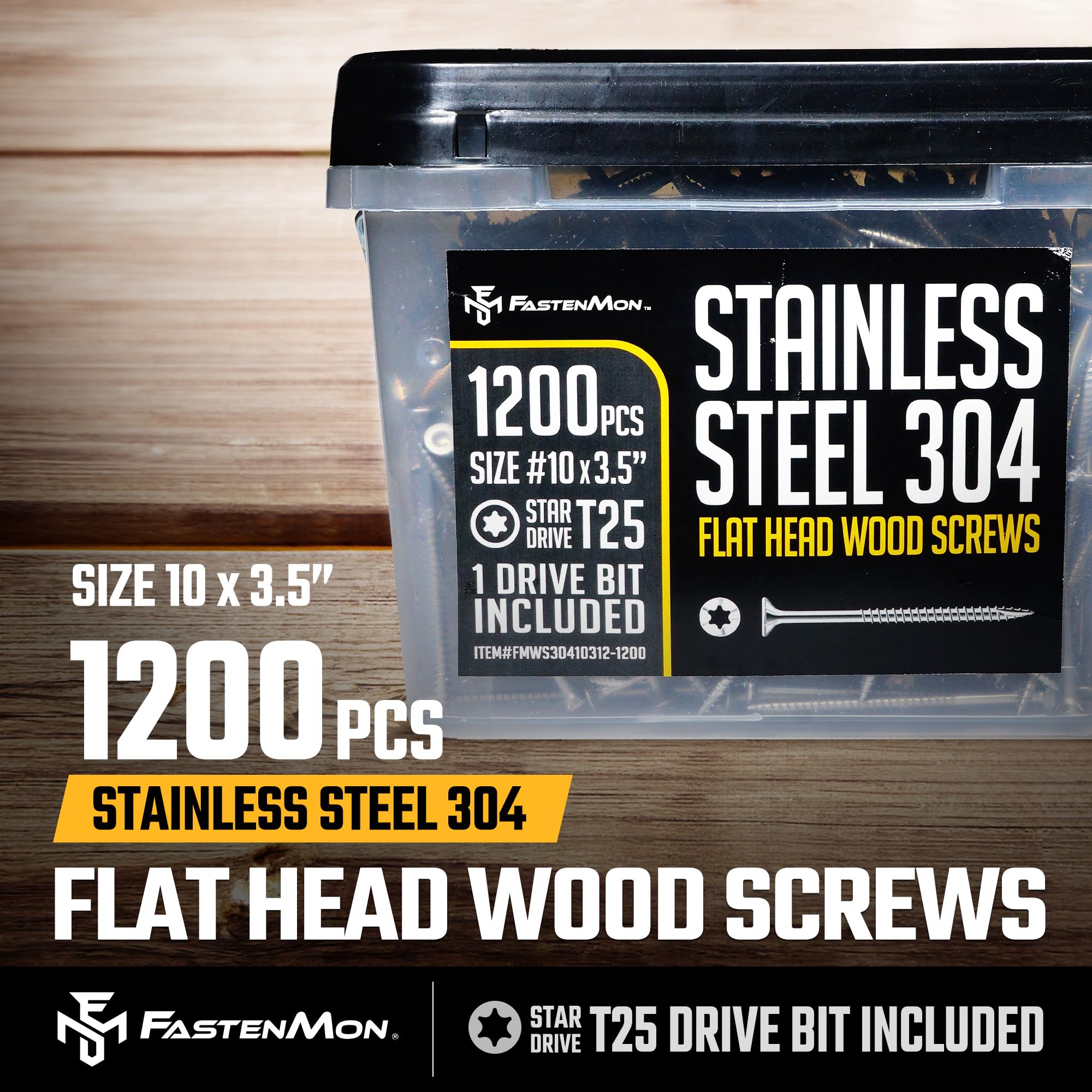 Fastenmon wkręty do drewna 10 x 3 1/2 cala 1200 sztuk 9,5 kg ok. typ 304 stal szlachetna do użytku na zewnątrz, konstrukcja drewniana, jeden bit T 25 w zakresie dostawy