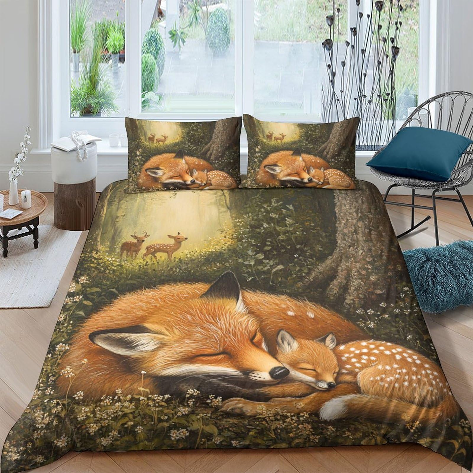 GPLZQXKJNH 3D Printed Fox and Fawn Duvet Cover Set Microfiber Soft Animal Forest Bedding with 2 Pillowcases for Bedroom Decor Single（135x200cm）