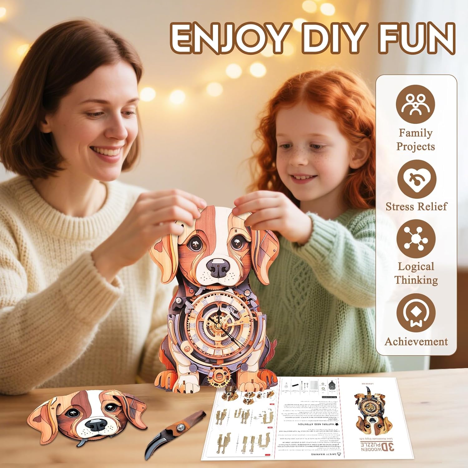 Cutywood 3D Puzzles for Adults Clock-Beagle Design Model Kit-Mechanical DIY Pendulum Clock with Roman Numerals-Desk Home Office Decor Personalized Gift for DIY Lovers