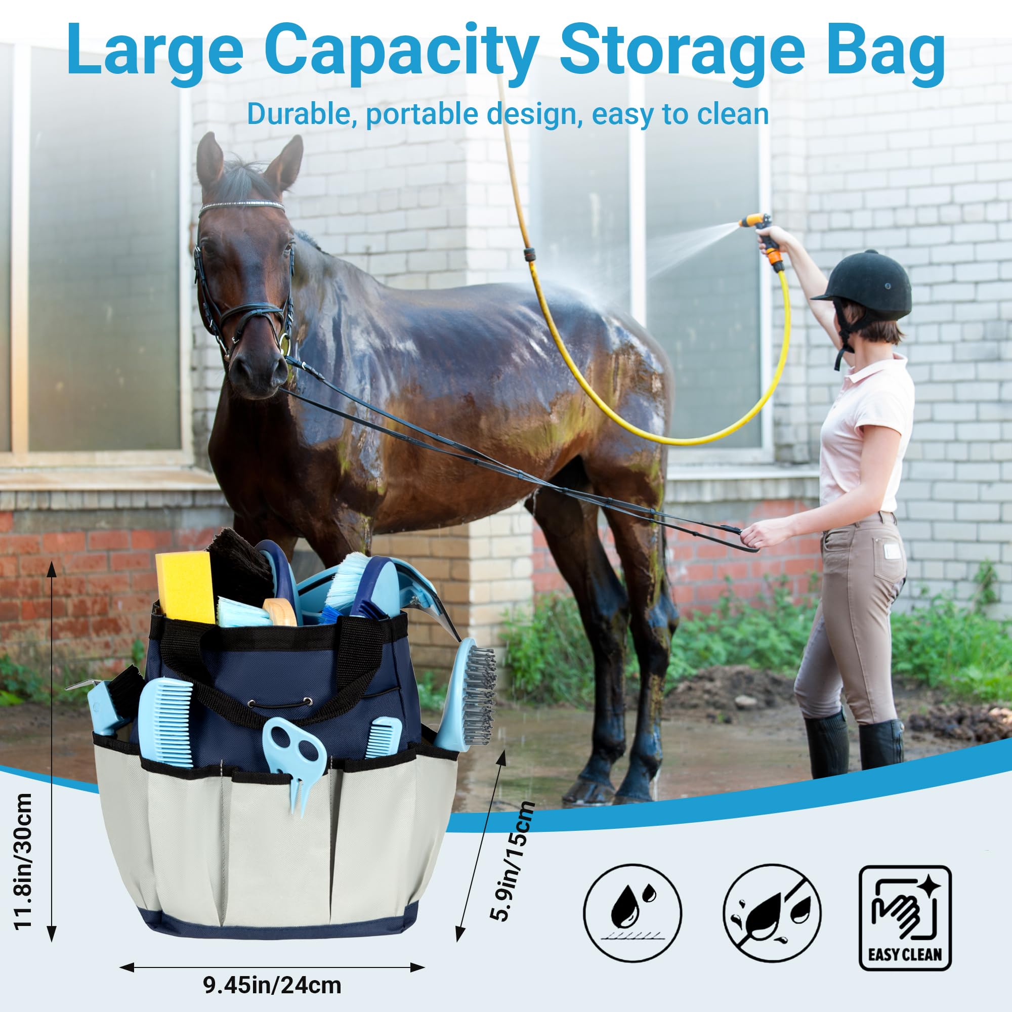 Horse Grooming Kit, 14-in-1 Professional Horse Brush Supplies Set for Grooming & Care, with Horse Brushes, Curry Comb, Hoof Pick & Waterproof Storage Tote Bag for Shining, Detangling, Massaging(Blue) - image 3