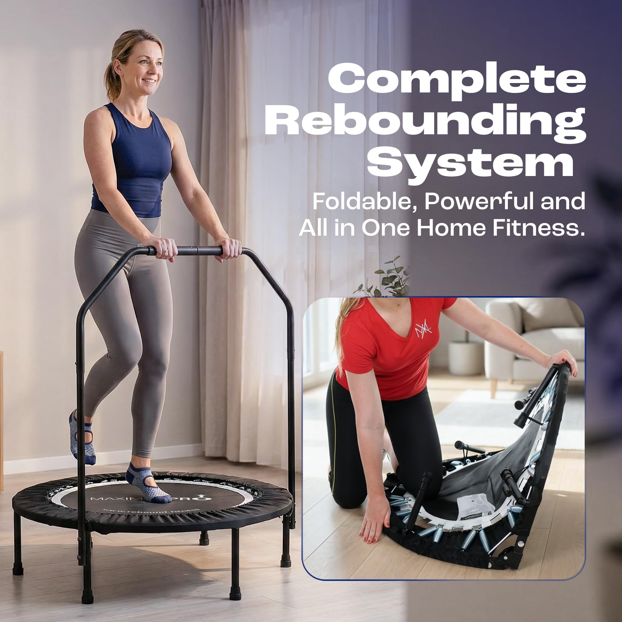 Rebounder MaXimus Pro – Mini Trampolino Professionale pieghevole, 2 dvd con 7 video d’allenamenti (Inglese), borsa, pesi di sabbia, corde elastiche di resistenza.