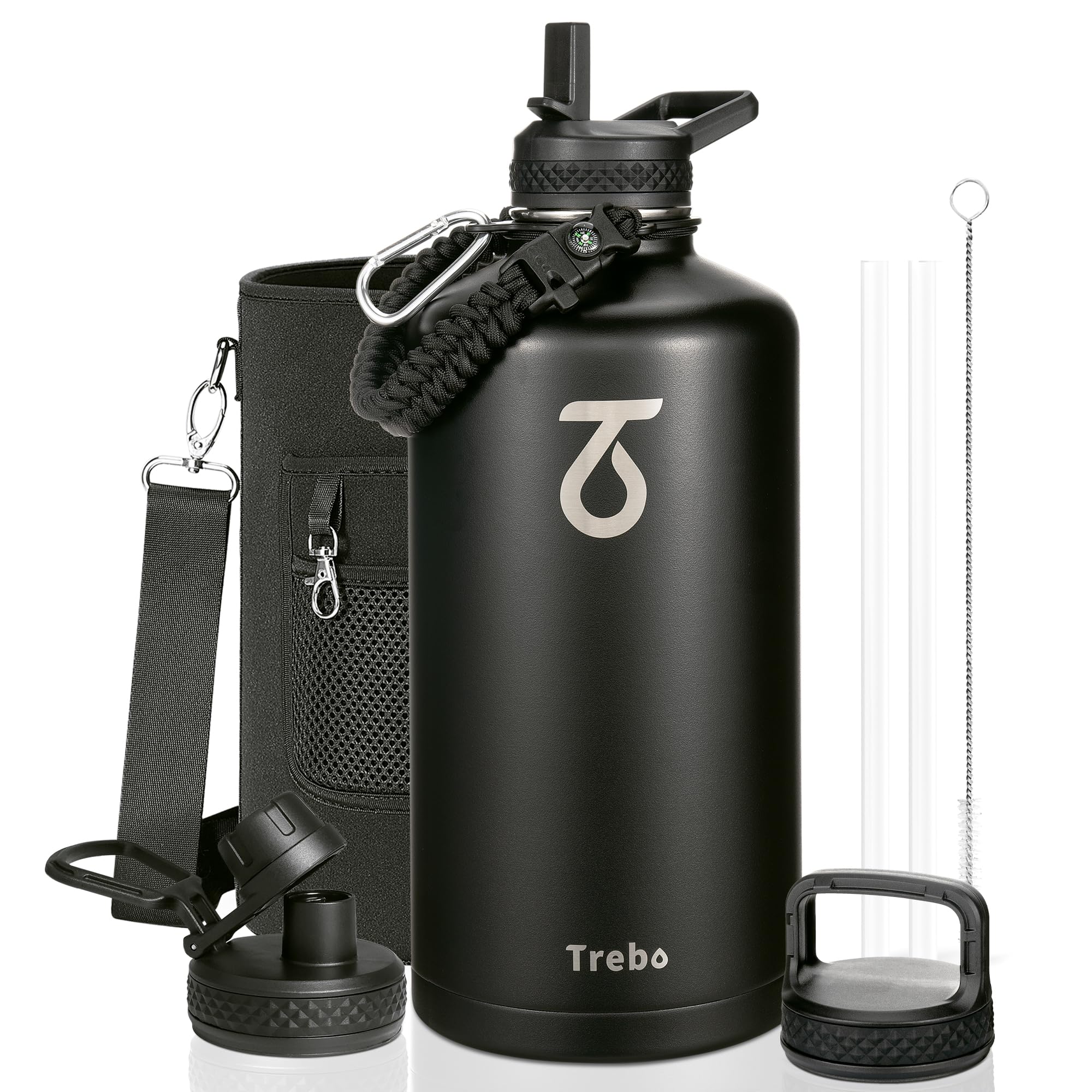 Trebo 3.8 L Water Bottle Insulated with Paracord Handle,One Gallon Food-Grade Double Wall Vacuum Stainless Steel Insulated Jug with Straw Spout Handle Lids, Leakproof Keep Cold & Hot,Black โ image 1