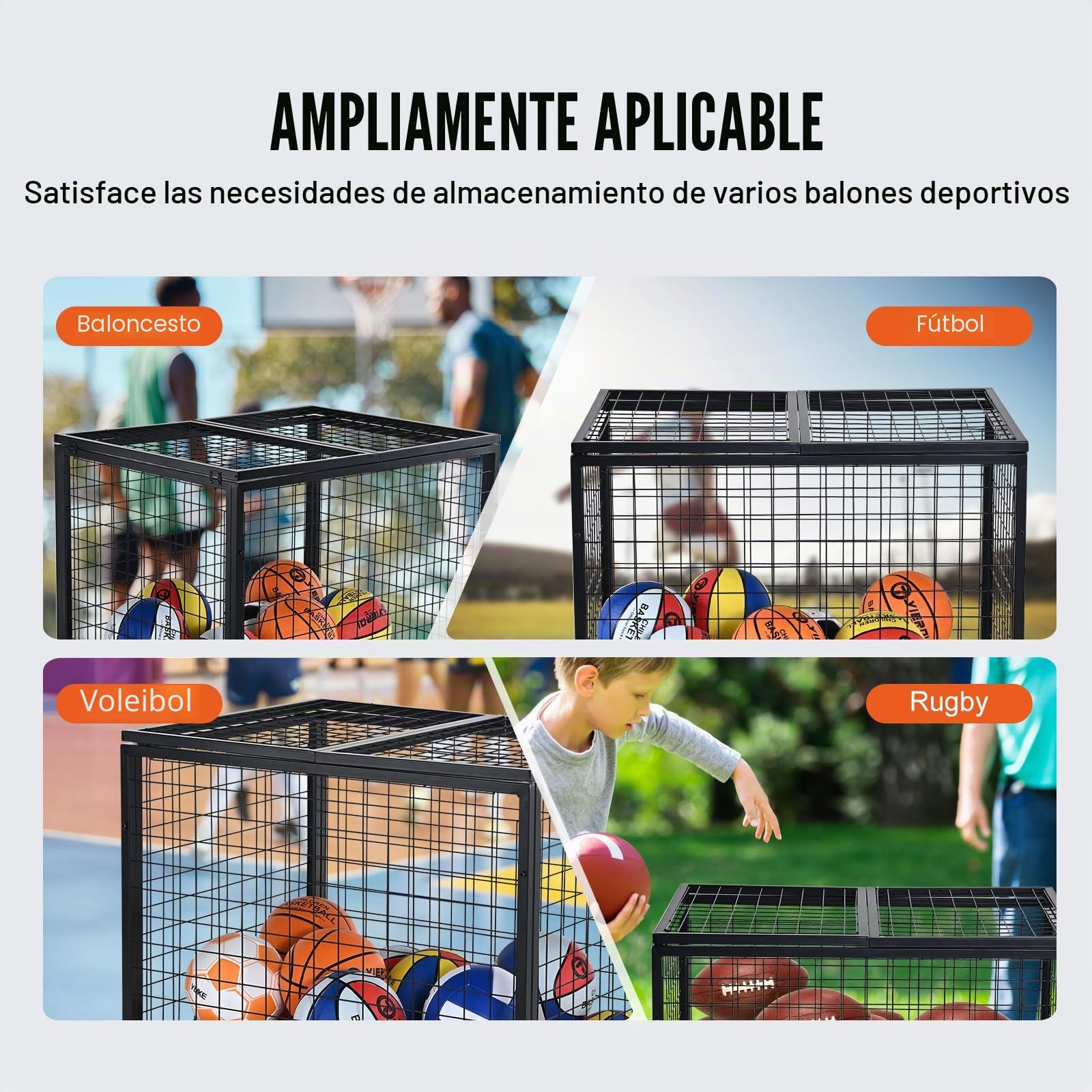 VEVOR Carro de Bolas con Cerradura 85x67,5x82,5 cm Jaula Móvil de Almacenamiento de Bolas con 4 Ruedas de Acero y Frenos Organizador para Equipo Deportivo Gimnasio Escuela Garaje Interior Exterior