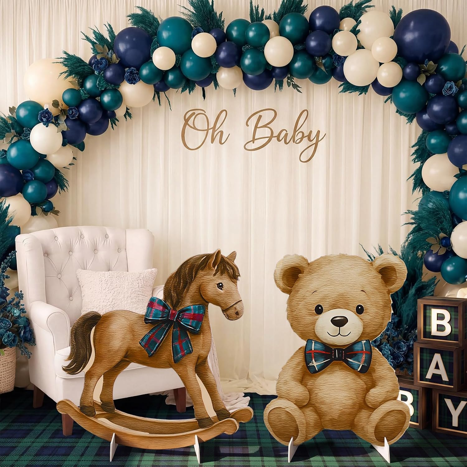 Huwena 2 Pcs Tartan Plaid Bear Cardboard Decorations Blue Green Tartan Plaids Rocking Horse Bear Cutout 2 ft Vintage Party Stand Birthday Gender Reveal Theme Birthday Party Outdoor Activity Decor