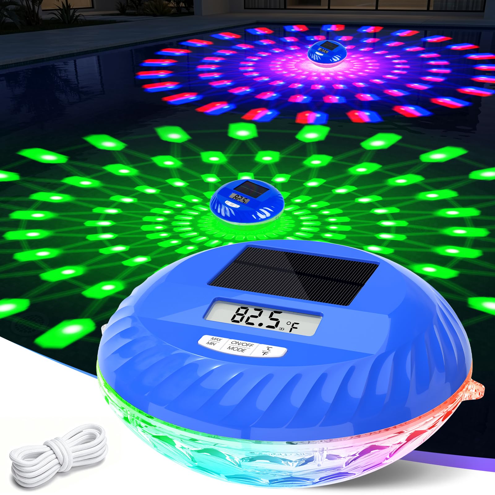 LanPool Solar Floating Pool Lights with Digital Pool Thermometer,Solar Powered Pool Lights that Float,IP68 Waterproof Floating Solar Light for Swimming Pool Lighting with 7 Dynamic Lighting Effect-1PC-image-4