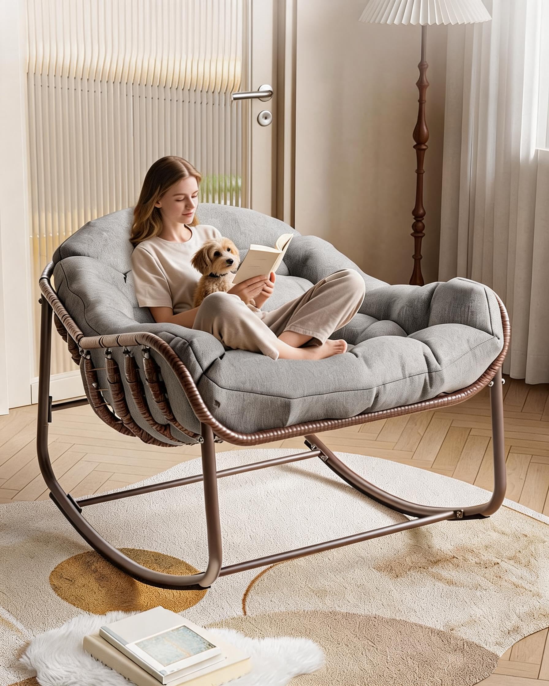 Fauteuil à Bascule En Rotin,Fauteuil oeuf avec Coussin Épais,Charge 130kg,Structure En Métal,Imperméable,Intérieur & Extérieur, Chauffeuse Relax pour jardin,Salon,Balcon,Terrasse,Coin lecture(Gris)
