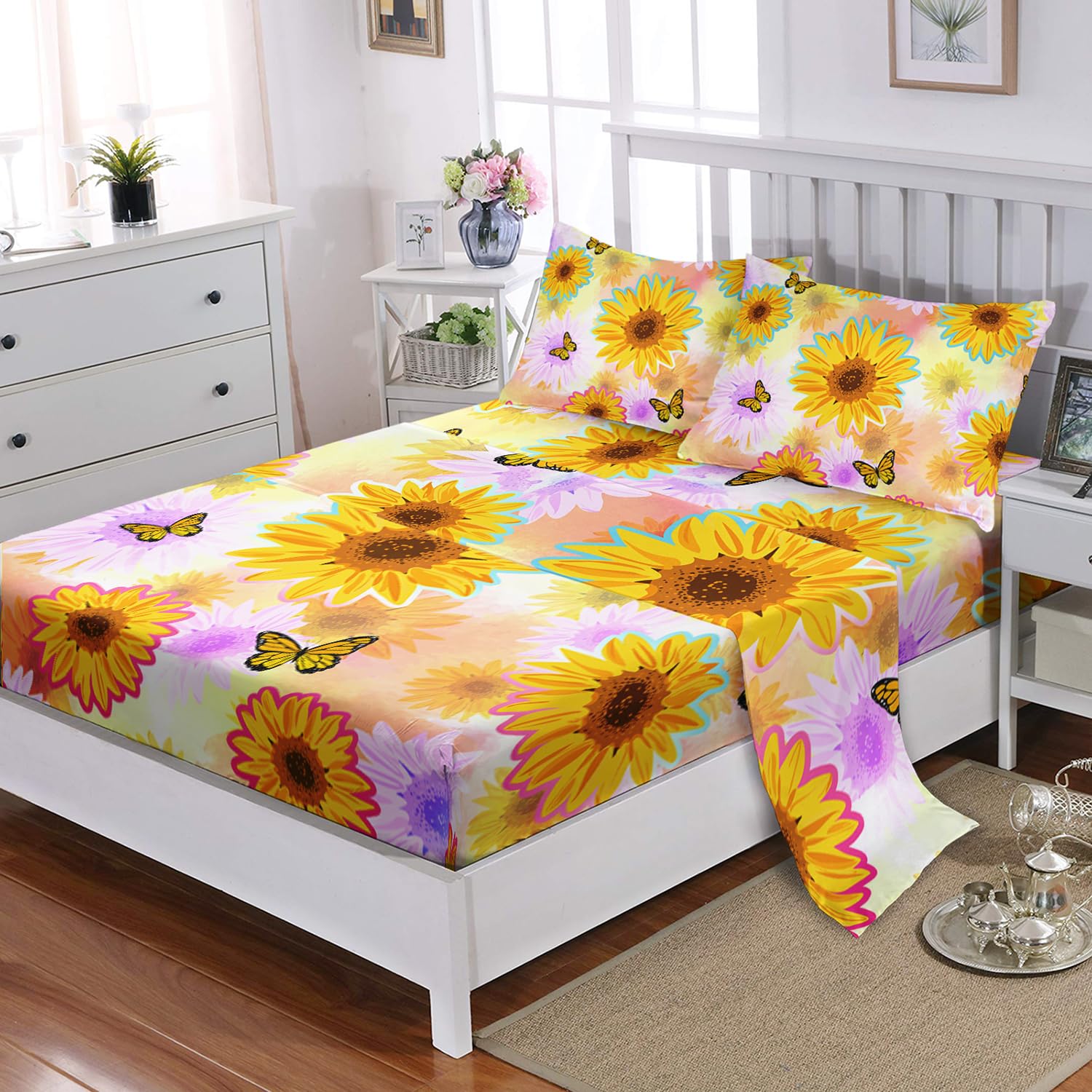 XYNHML Sunflower Flying Butterfly Sheet Twin 4Pcs Yellow Tie Dye Kid Bedding Fairy Butterfly Quilt Bed Set for Girl Boy with 1 Flat Sheet and 1 Fitted Sheet+2 Pillowcases