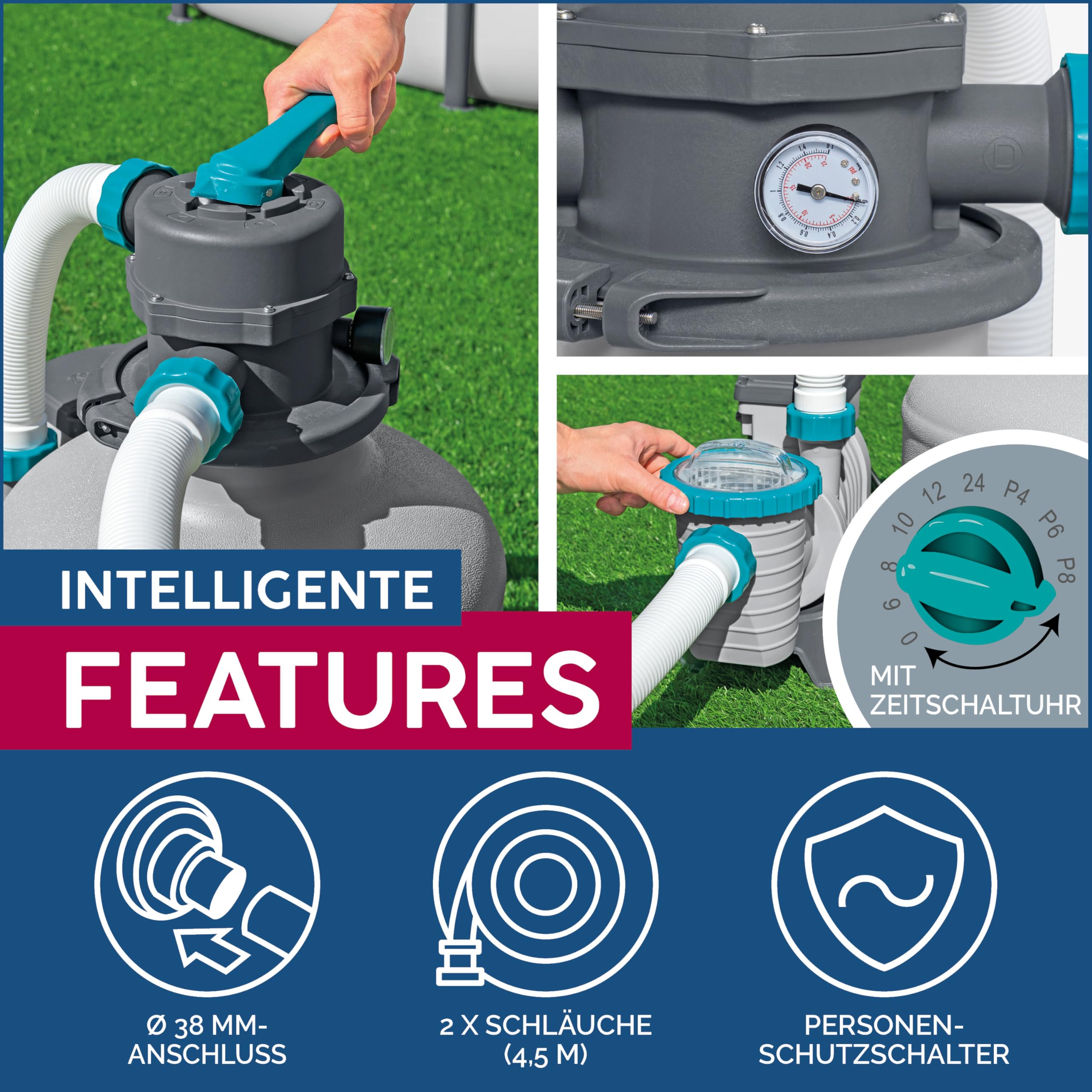 Bestway Sandfilteranlage mit Zeitschaltuhr, 6.056 l/h, 230 W, GS-Zertifizierung, 6-Wege-Ventil, Ø38-mm-Anschluss, korrosionsbeständiger Tank, Manometer, für Pools 1.100-39.300 L