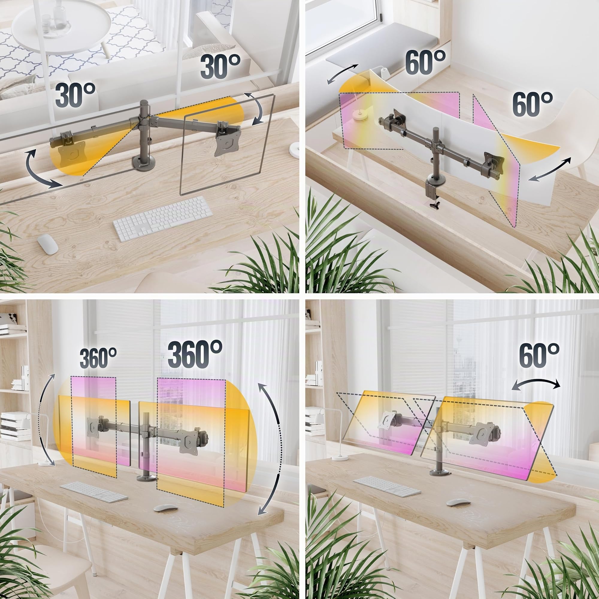 RICOO TS6211 Dual Support Écran PC 2 Écrans 13 17 19 22 24 27 Pouces Orientable Inclinable Rotatif Universel Fixation Bureau Pince de Table VESA 75x75 100x100