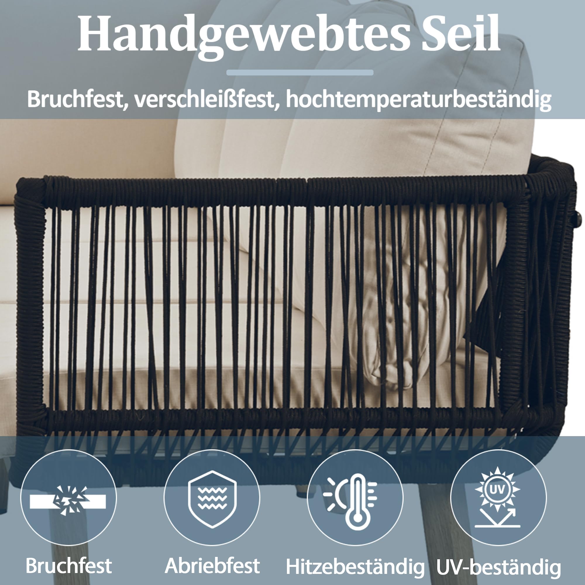 Merax Gartenmöbel-Set mit Sofa & Couchtisch, Outdoor Lounge-Set aus verzinktem Stahl, Olefin-Polster & geflochtenem Seil, Tischplatte in Holzoptik für Garten, Terrasse & Balkon, Beige + Schwarz