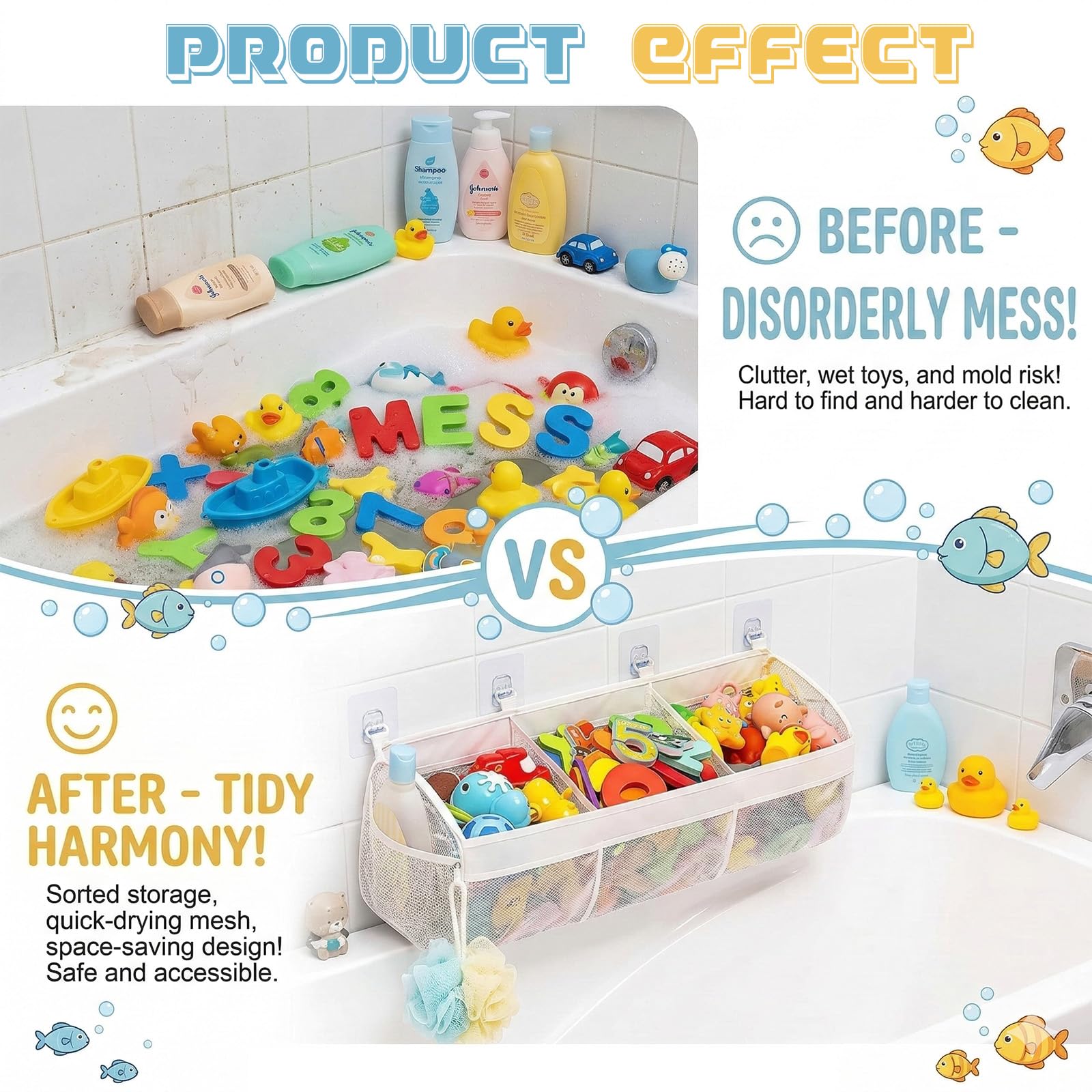 Bolsa de Almacenamiento para Juguetes de Baño de 3 Compartimentos - Malla Transpirable con 3 Ganchos Adhesivos, para Mantener el Baño Ordenado, Organización y Clasificación de Juguetes