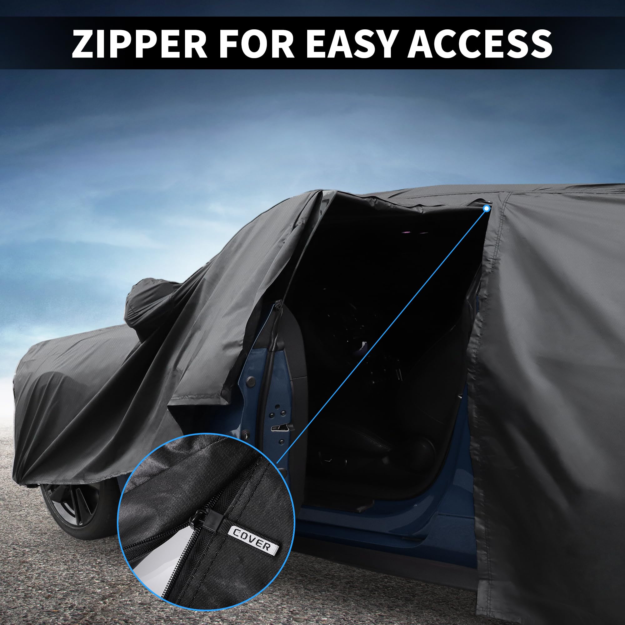 X AUTOHAUX Car Cover Outdoor Waterproof Sun Rain Snow Hail Protection with Left Side Door Zipper 210D-PU for — view 7