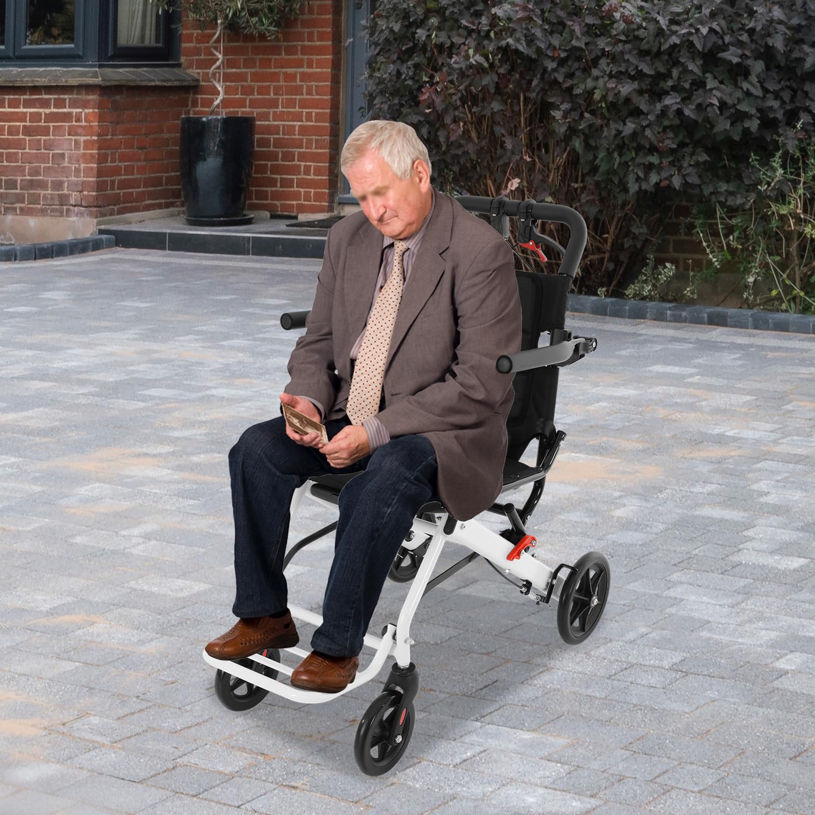 Rollstuhl Faltbar Leicht 7,6kg, Ultralichter Aluminium Reiserollstuhl bis 100kg, Rollstühle mit Feststellbremse & Sicherheitsgurt, Wheelchair Kompakt für Auto/Flugzeug, Schwarz/Weiß
