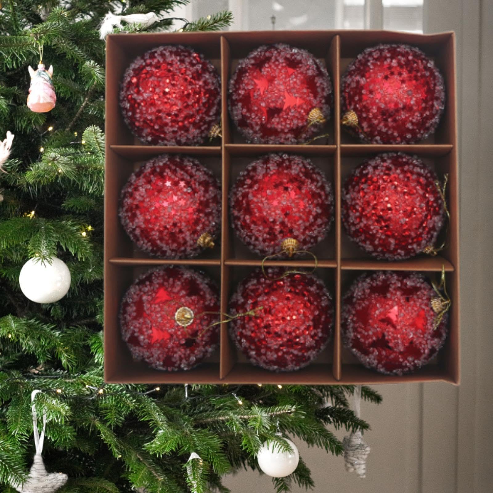 9 Pezzi Palline Natalizie Albero Natale Palle Ornamento Appesi Materiale Leggero Schiuma Superficie Decorativa Adatte per Feste Matrimonio Negozio CAS, Rosso