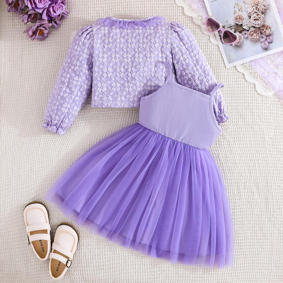 Yanmucy Ragazze Abiti e Cappotto Set 2 Pezzi Textured Stampa Floreale Abiti Manica Lunga Cardigan Neonata Vestiti per 2-8 Anni