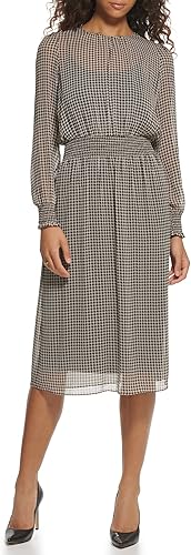 Tommy Hilfiger Houndstooth Print Smock Chiffon Midi Bisque Multi 8