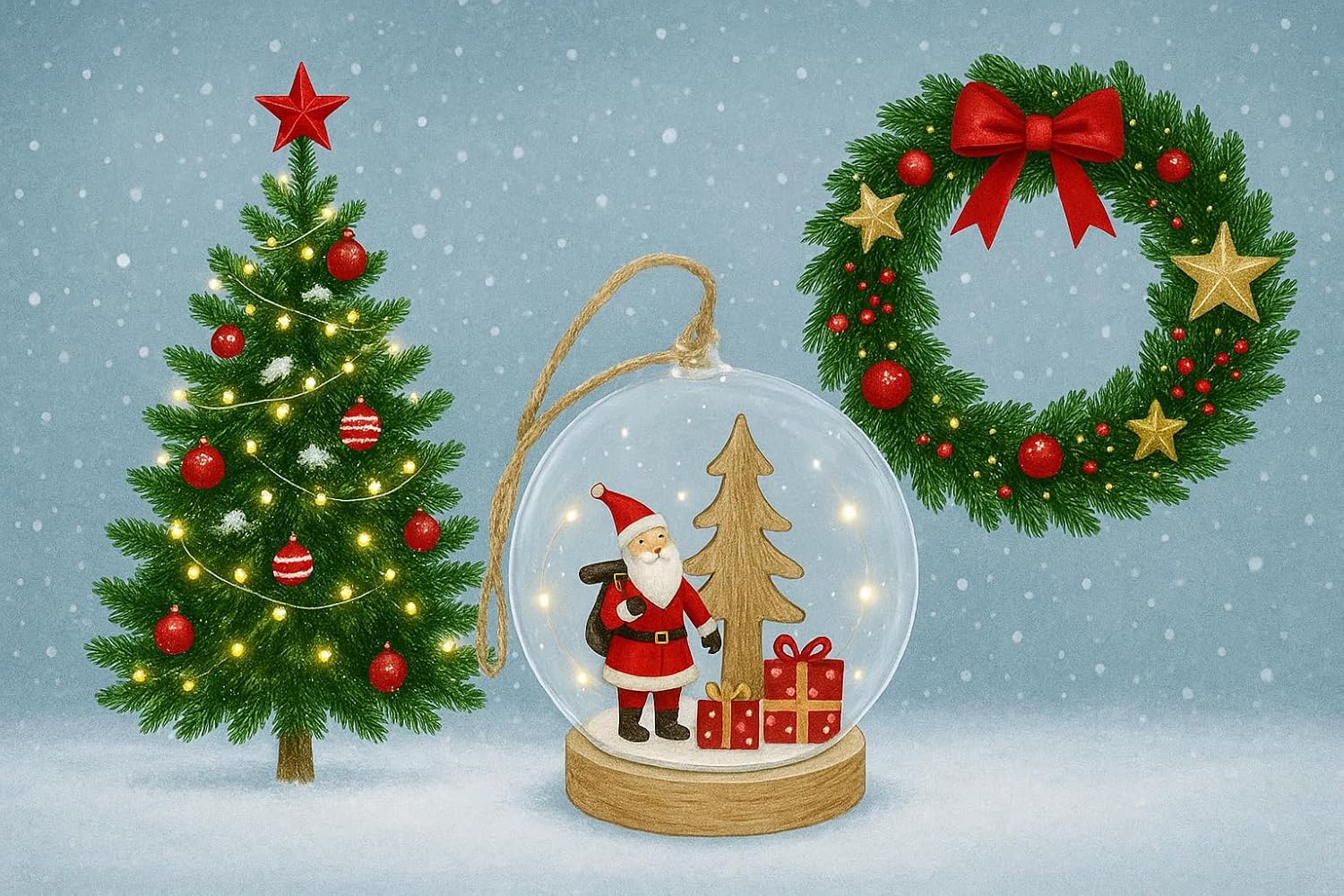 Kit Decoração de Natal com Luzes LED – Cúpula de Vidro Iluminada com Figuras Natalinas de Madeira – Enfeite Natalino Elegante para Mesa, Sala e Presente