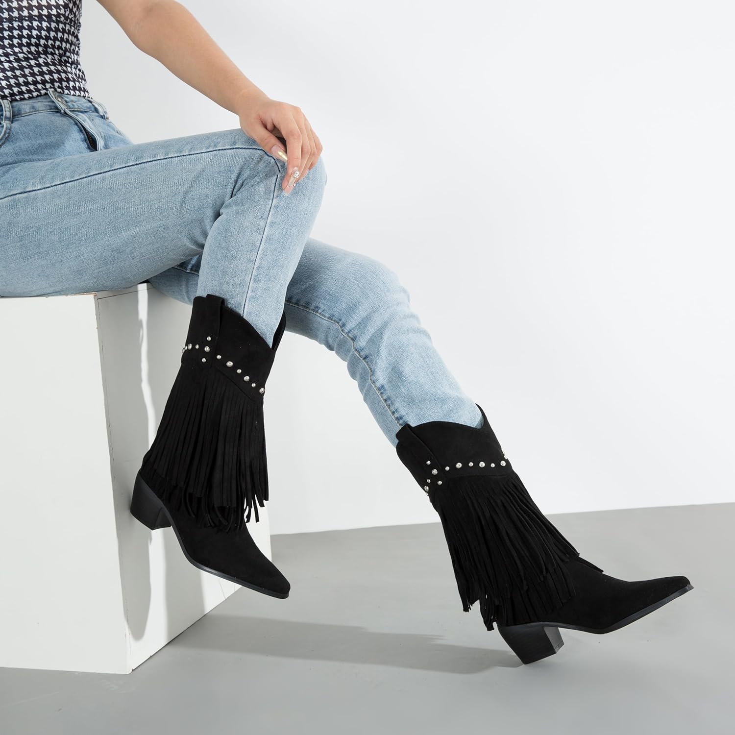 fereshte Women's Western Fringe Boots, Mid-Calf Cowgirl Boot with Studded Detail, Stacked Block Heel, Layered Tassel Design