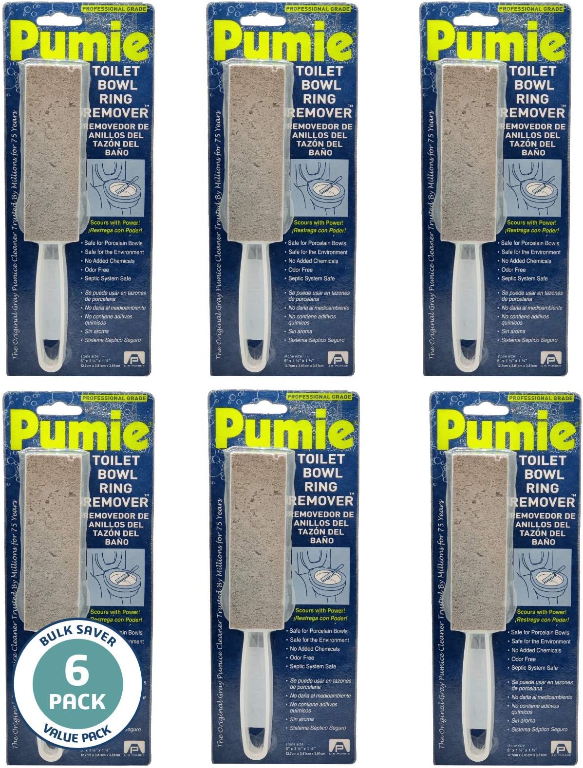 Pumice Stone Toilet Bowl Cleaner (6-Pack) - Pumice Stone with Handle - Heavy Duty Toilet Bowl Scrubber for Rings, Bowls, Hard Water Stains, Lime, Rust, Sink - Includes Handle for Easy Use