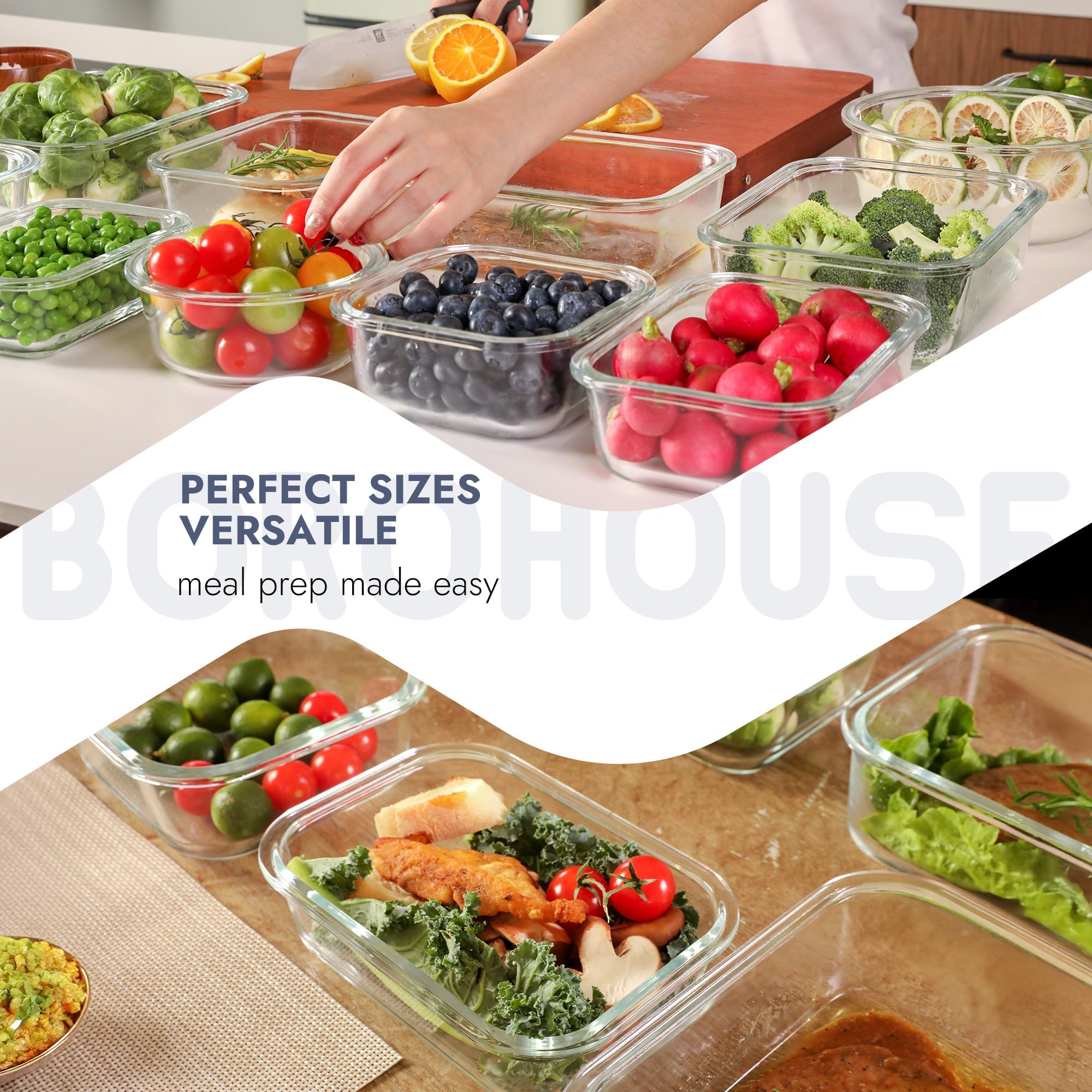 Confezione da 10 contenitori per alimenti in vetro borosilicato, ermetici, adatti al forno (da -15,6 °C a 510 °C), senza BPA, 4,4 e 1,6 tazze, a prova di perdite, lavabili in lavastoviglie