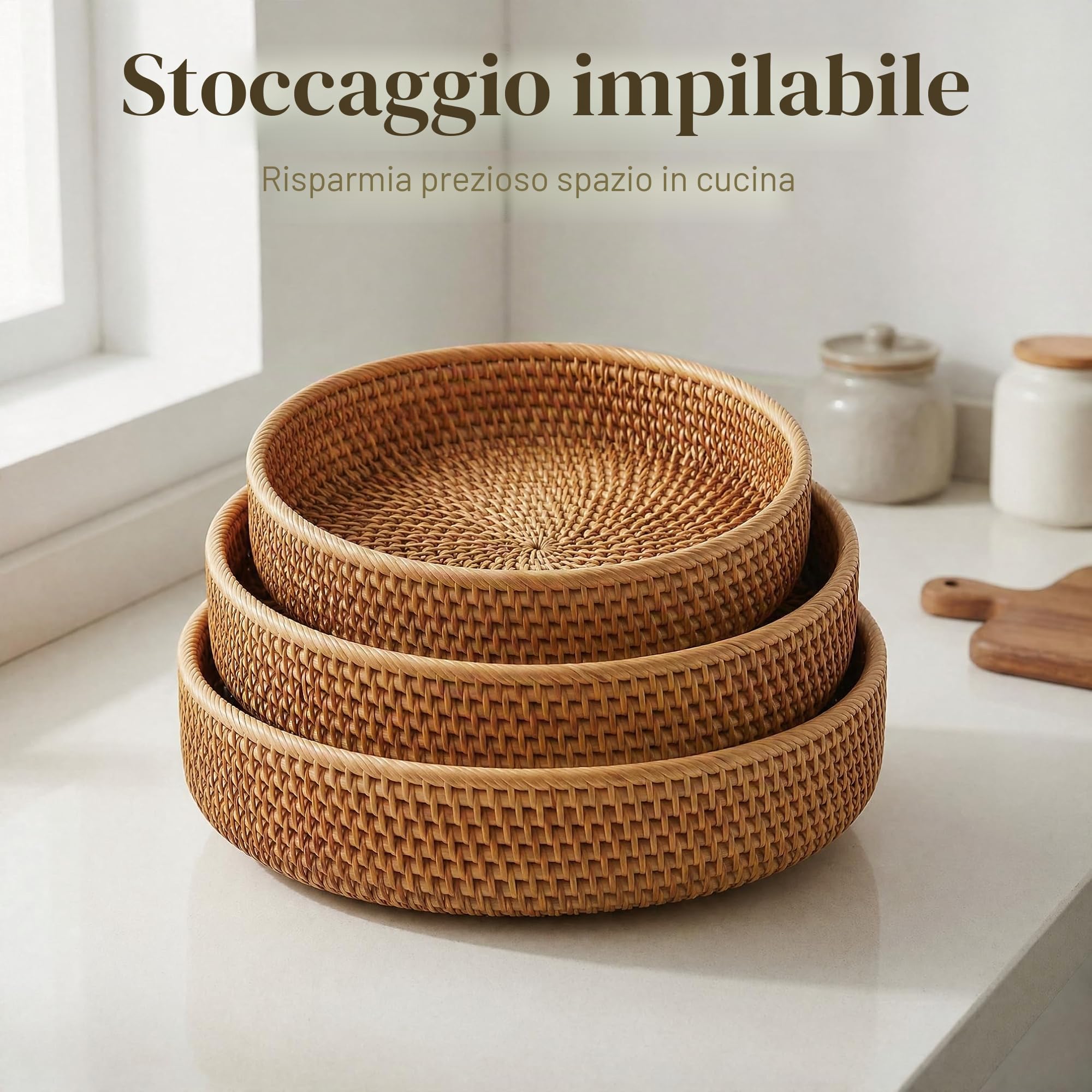 Cesto di Frutta Rotonde in Rattan, Ciotole in Cesta di Vimini Naturali, Organizer in Intrecciate per Cucina/Sala da Pranzo (Rotondo)