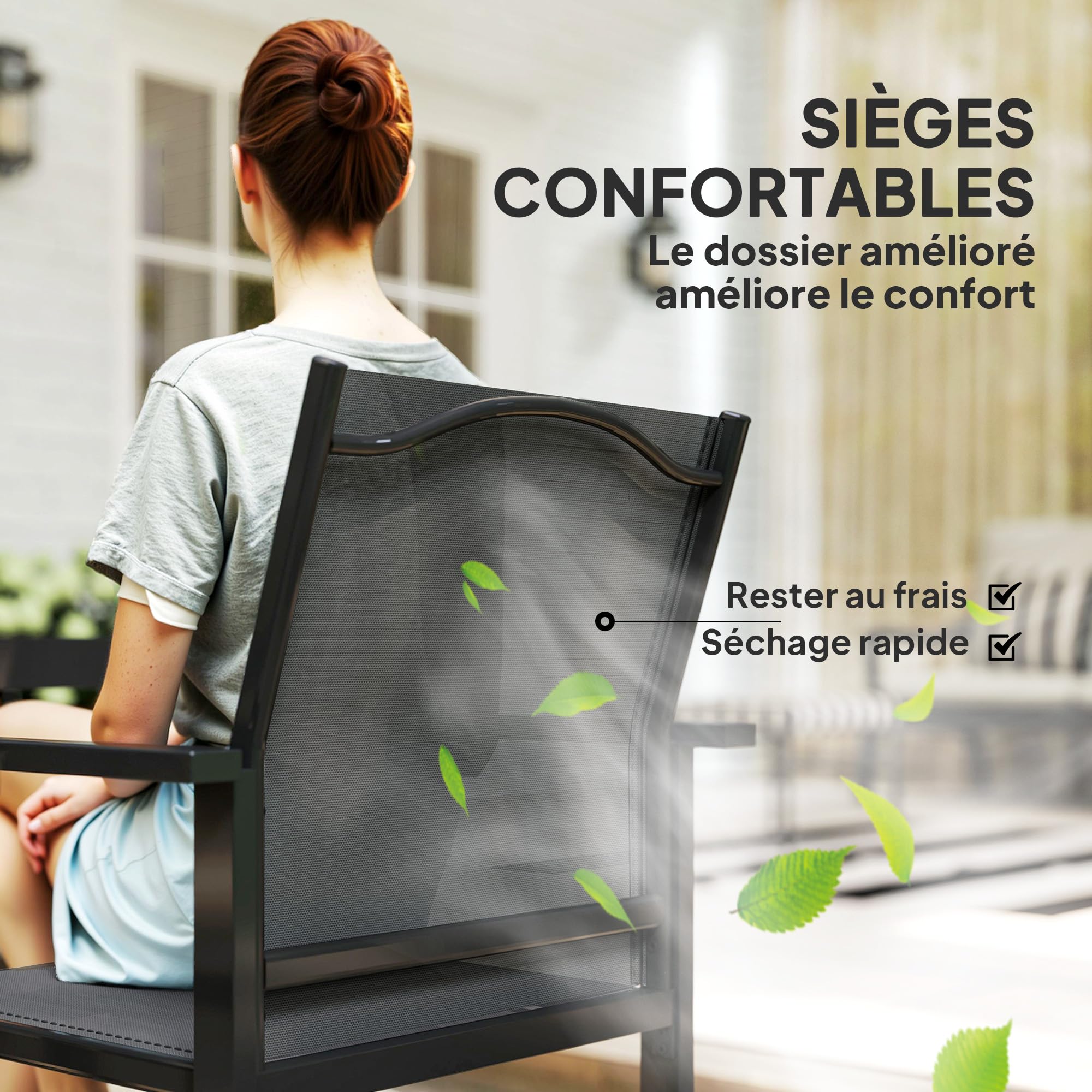 Outsunny Salon de Jardin extérieur 4 Personnes, Table de Jardin extérieure avec 4 chaises empilables, Plateau en Verre trempé 140 cm, mobilier de Jardin, terrasse, Porche, Noir