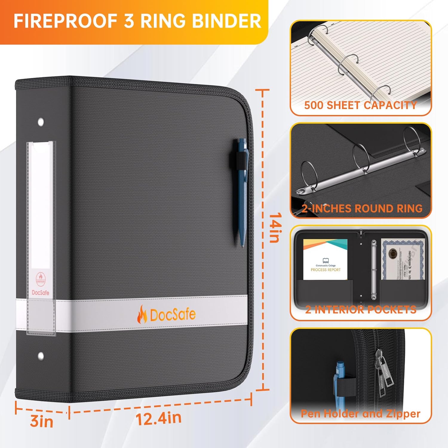 DocSafe 3 Ring Binder with Zipper,Fireproof 2 Inch Round Ring Binder with 2 Interior Pockets,PVC-Free,Portable School Office Home Safe Storage for Letter Size 8.5'' x 11'' Paper Photos Cards Black