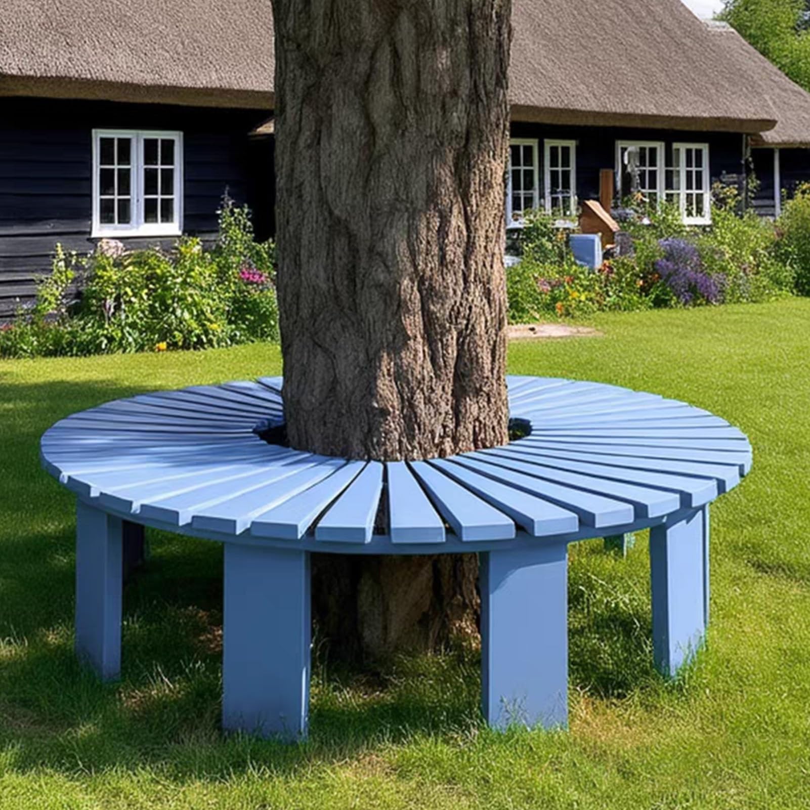 Banc d'arbre extérieur en bois bleu pour aménager un arbre sans dossier