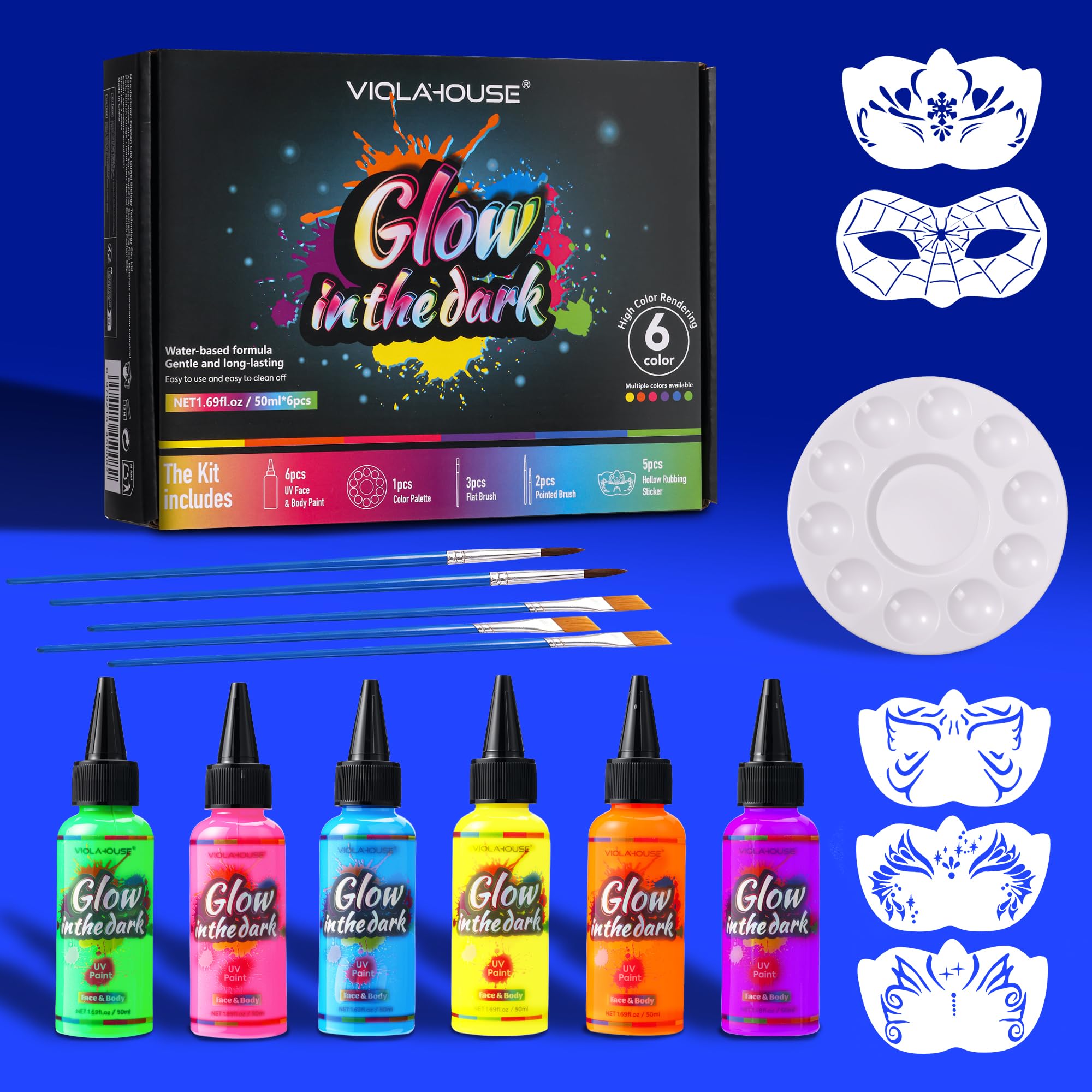 VIOLA HOUSE Pintura Que Brilla En La Oscuridad, Kit De Maquillaje Que Brilla Bajo La Luz Negra - Lavable Y De Larga DuracióN - Pintura Corporal UV, 6 Colores Neón, Pinturas Faciales Fluorescentes