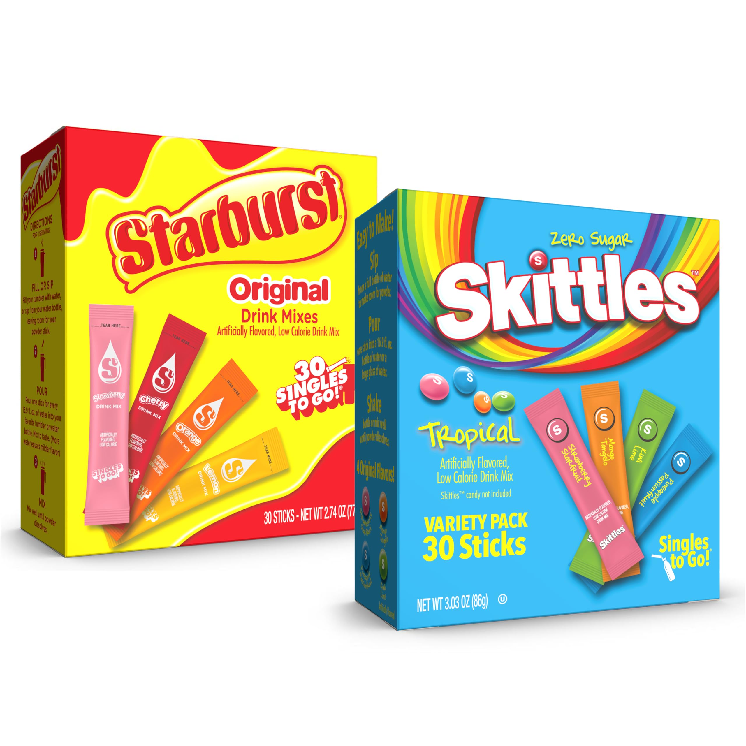 Skittles & Starburst Singles To Go Tropical & Starburst Flavors Variety Pack, Watertok Powdered Drink Mix, Zero Sugar, Low Calorie, Includes 4 Tropical & 4 Starburst Flavors, (60 Single Servings)