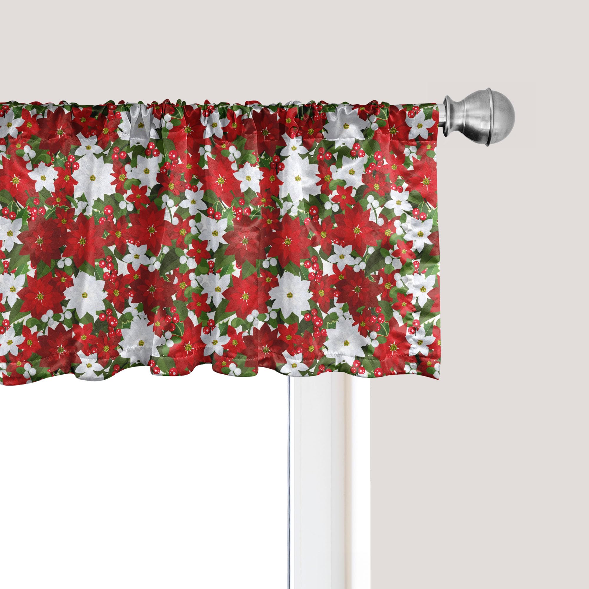Ambesonne Christmas Window Valance, Poinsettia Flower Holly and Mistletoe in Natural Traditional Combination, Curtain Valance for Kitchen Bedroom