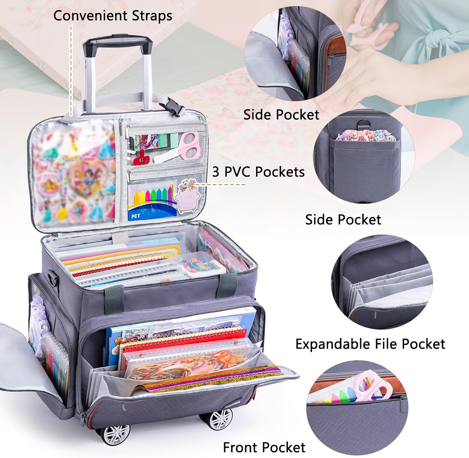 AMOIGEE Rolling Craft Bag with Wheels, 360° Swivel Rolling Scrapbook Organizer for Cricut, Paper Crafts, Classroom Supplies, Large Teacher Tote with Detachable Trolley for Men, Women