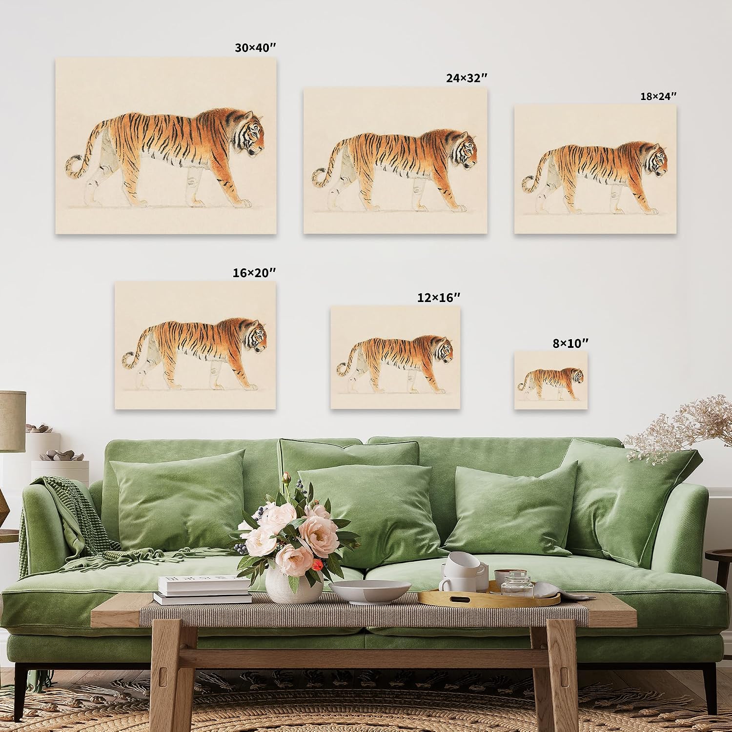 Poster Master Tiger Canvas - Retro Pacing Tiger Print - Neutral Colors Art - Gift for Him, Her, Veterinarian, Animal Lover - Decor for Living Room, Nursery, Playroom - 8x10 STRETCHED Canvas