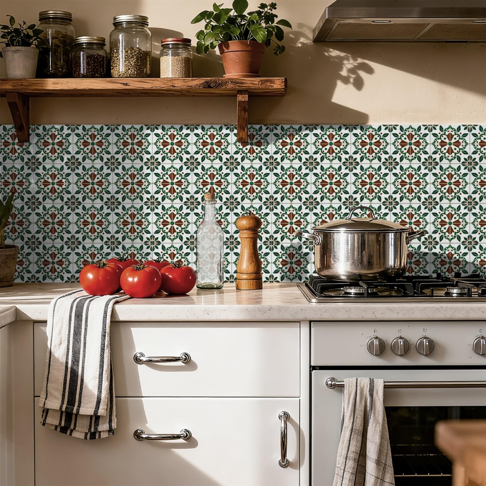 Tile Stickers Brown Green Flowers Stick on Kitchen Tiles Self Adhesive Wall Tiles PVC Peel and Stick Tile Covers Transfers Oil-Proof Kitchen Splashbacks for Walls Removable 20x20cm/24 Pcs